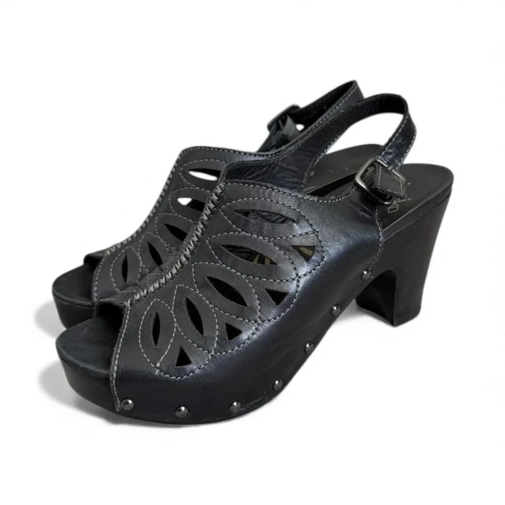 Dansko Black leather platform wedges heels with cutouts and studded details - Picture 2 of 4